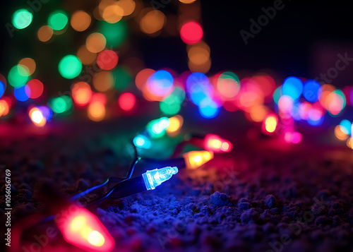 Vibrant colors shine on a festive holiday background during Christmas time with beautiful lights displayed throughout the season outdoors. photo