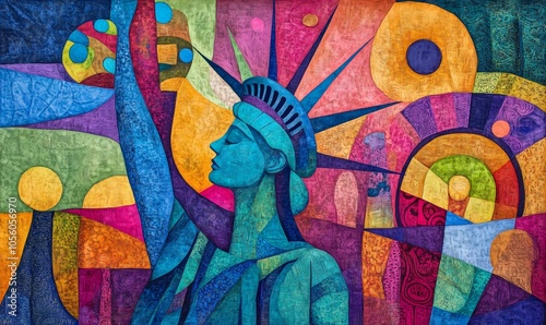 Abstract colorful painting of Lady Liberty.
