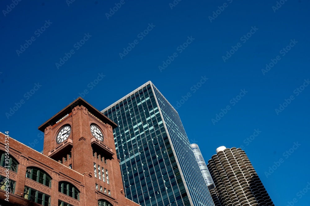 The Skyscrapers of Chicago along the Chicago River at Midday The Skyscrapers of Chicago along the Chicago River at Midday