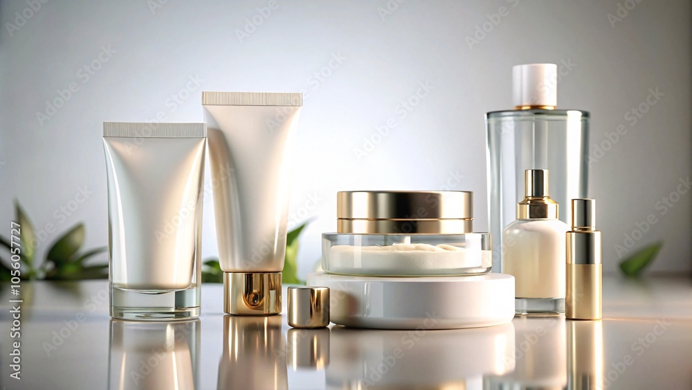 Elegant luxury skincare white cream bottles, gold accents V1 Elegant luxury skincare white cream bottles, gold accents V1