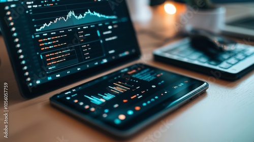 Tablet displaying financial data and analytics on a desk