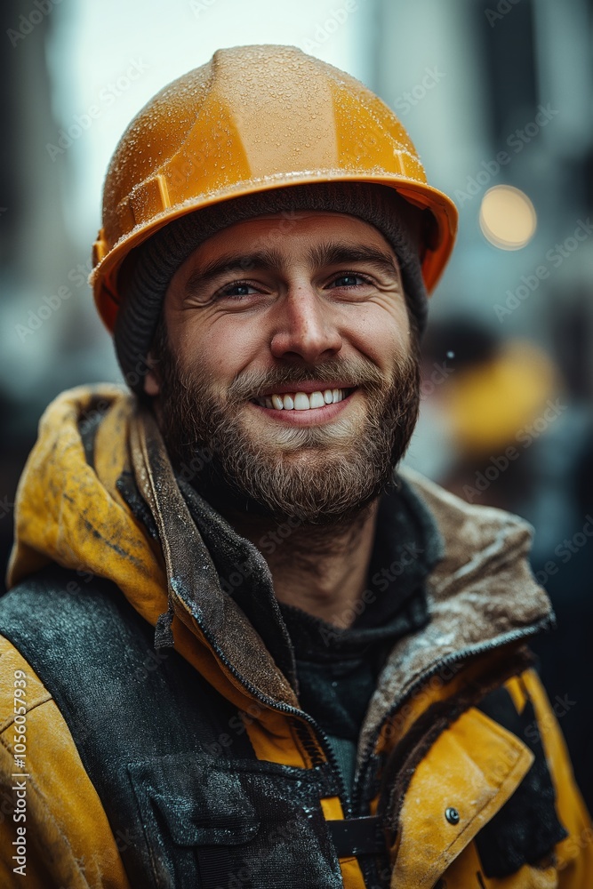 Construction worker in orange jacket and helmet smiles warmly, surrounded by snowy urban landscape Construction worker in orange jacket and helmet smiles warmly, surrounded by snowy urban landscape