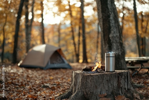 trail hiking in autumn woods - rustic campsite in  forest, with a tent, a campfire, and a thermos on a tree stump, minimal background with copy space