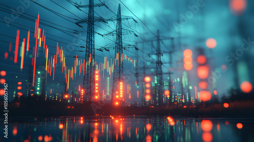 Stock market charts overlaying power lines at night with city lights in the background.