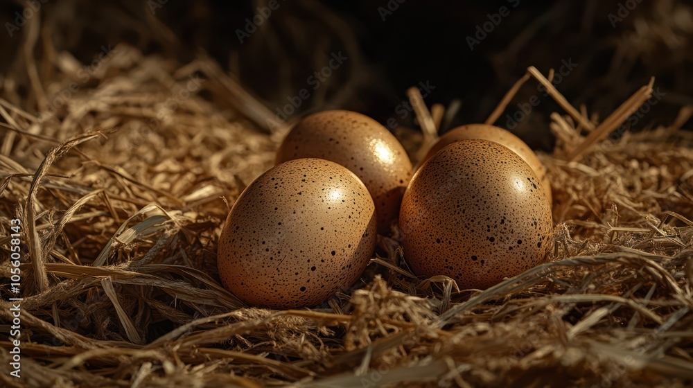 Four speckled eggs resting on straw, evoking a natural and rustic atmosphere. Four speckled eggs resting on straw, evoking a natural and rustic atmosphere.