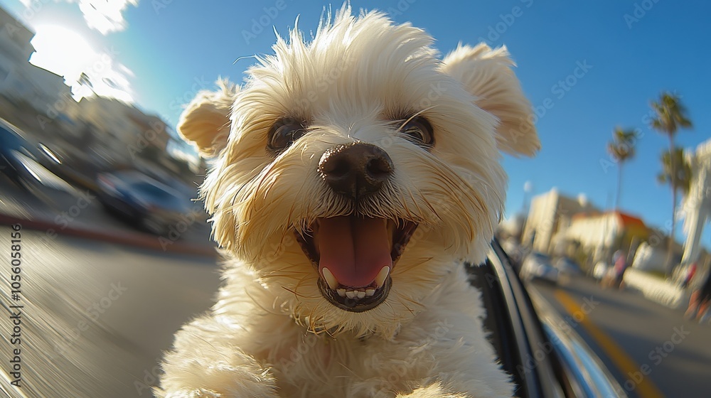 Close-Up of a Happy White Dog Riding in a Car with Wind Blowing Through Its Fur – Fisheye Lens with Curved Wide-Angle Effect
Close-Up of a Happy White Dog Riding in a Car with Wind Blowing Through Its Fur – Fisheye Lens with Curved Wide-Angle Effect
