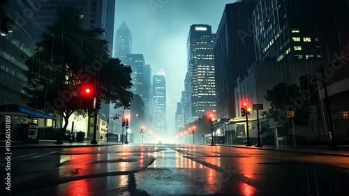 An empty night city street during heavy rain. City lights, red traffic lights and a reflective wet road. 