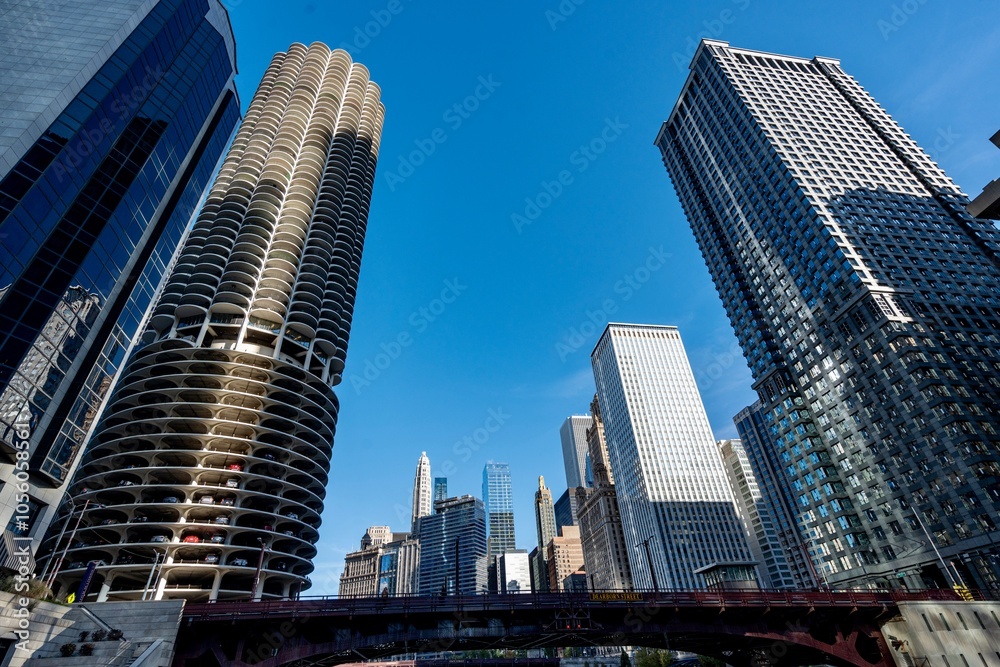 The Skyscrapers of Chicago along the Chicago River at Midday The Skyscrapers of Chicago along the Chicago River at Midday