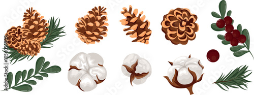large set of different Christmas plants, namely different cones, conifer twigs and red berries with green leaves, for various packages, posters or cards