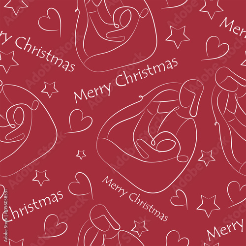 seamless christmas pattern of simple vartep icons drawn in line art style on red background, for various posters, cards or banners