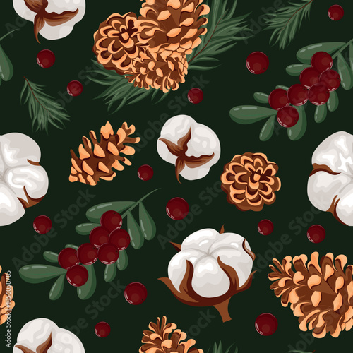 seamless pattern with different cones of conifers and various cotton flowers and sprigs of fir and red holly berries on a green background, for Christmas wrapping, cards or decorations