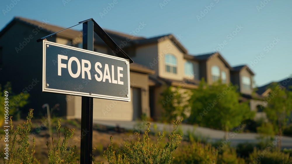 American Real Estate 'For Sale' Sign in Front of a New House American Real Estate 'For Sale' Sign in Front of a New House
