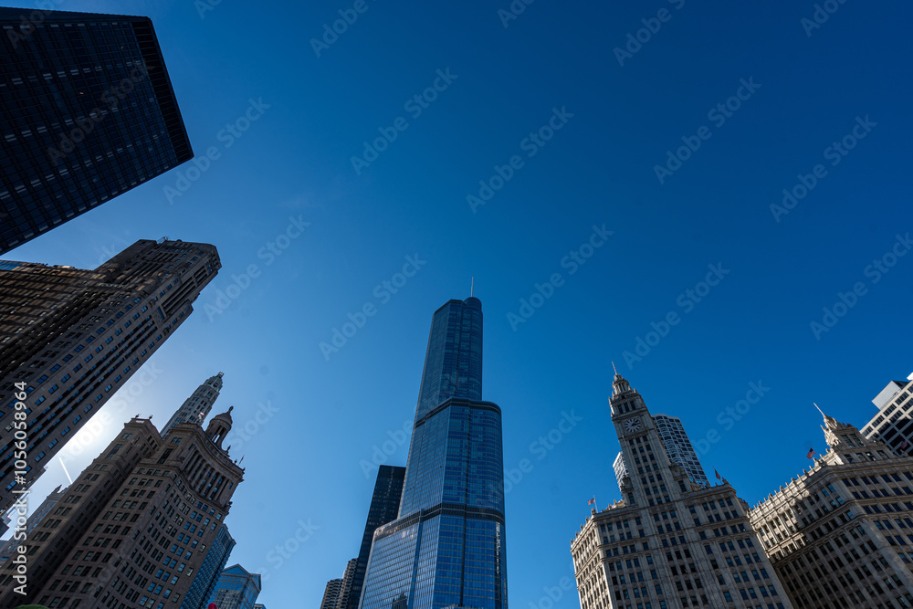 The Skyscrapers of Chicago along the Chicago River at Midday
