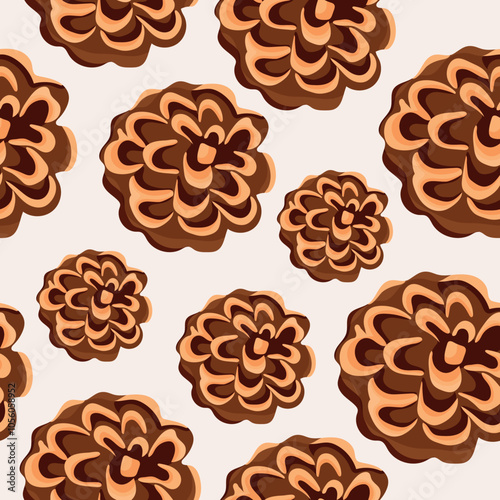 seamless pattern with round cones of conifers arranged randomly, for Christmas wrapping, cards or decorations