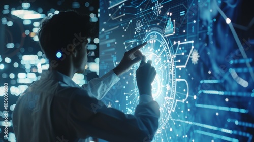 Scientist manipulating holographic interface with data, charts, and complex graphics in a high tech laboratory, representing innovation and future technology