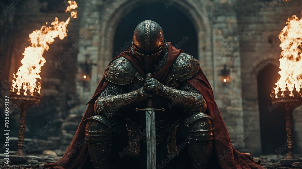 A fully armored medieval knight, adorned with an embroidered cape, kneels inside a castle, holding a broad sword and surrounded by two blazing torches, deep in thought