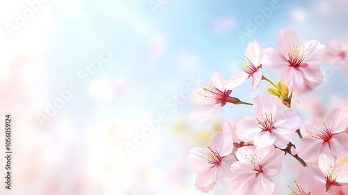 Delicate, out-of-focus cherry blossoms against a bright open sky, perfect for overlaying text in serene style.