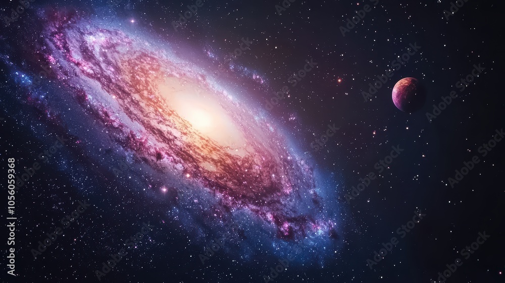 Obraz premium a spiral galaxy with surrounded by stars and a nearby planet, the beauty of the universe.