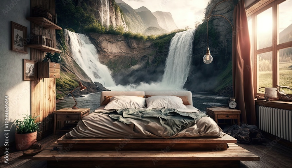 waterfall view from the wooden terrace