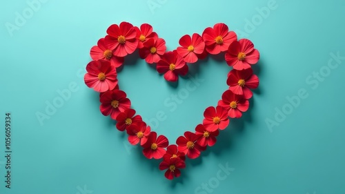 Heart of red flowers isolated on blue background