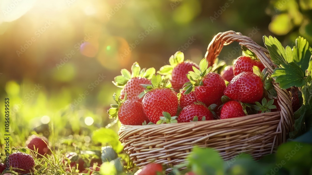 A basket filled with fresh strawberries in a sunlit garden. A basket filled with fresh strawberries in a sunlit garden.