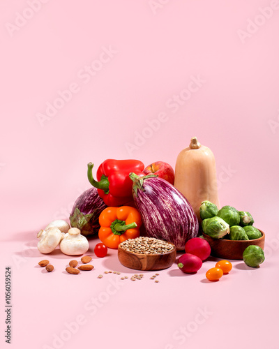 Vegan background with fresh seasonal autumn vegetables, vegan fall still life on pink