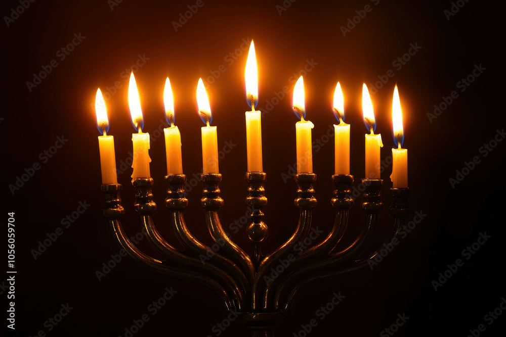 Close-Up Of Menorah With All Candles Illuminated For Hanukkah Festival. Hanukkah Menorah With Lit Candles