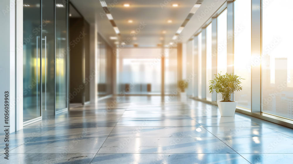 Fototapeta premium Beautiful blurred background of a light modern office interior with panoramic windows and beautiful lighting.