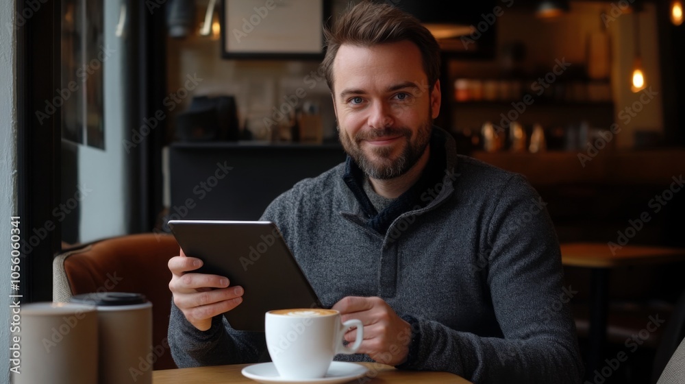 A man with a beard smiles while holding a tablet, seated at a table in a warm cafe. He enjoys a cup of coffee, creating a relaxed atmosphere perfect for reading or browsing online.