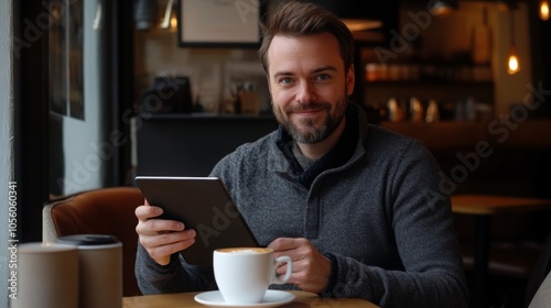 Obraz na płótnie A man with a beard smiles while holding a tablet, seated at a table in a warm cafe. He enjoys a cup of coffee, creating a relaxed atmosphere perfect for reading or browsing online. w salonie
