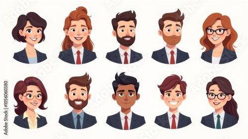 Group of icons showing people in business and professional scenarios on white background