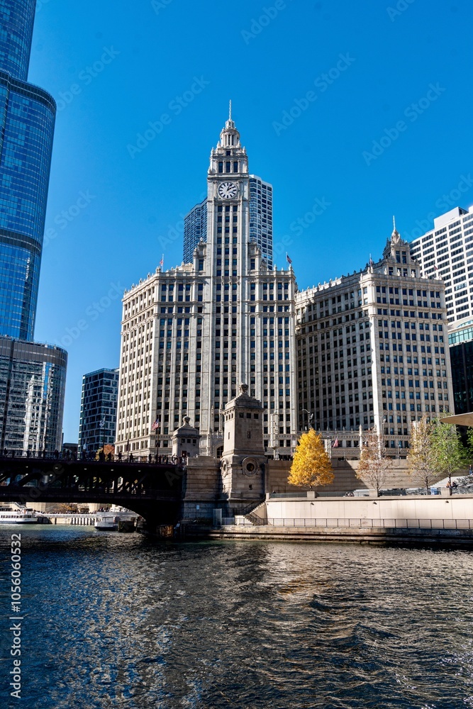 The Skyscrapers of Chicago along the Chicago River at Midday