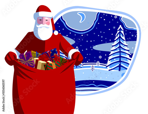 Santa Claus with an open red sack with gifts against a blue winter landscape in round frame isolated on white