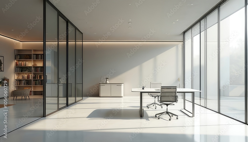 3D render features a spacious room with glass walls, desk, chairs, and a bookcase in the background, perfect for architectural showcases and modern workspace presentations 3D render features a spacious room with glass walls, desk, chairs, and a bookcase in the background, perfect for architectural showcases and modern workspace presentations