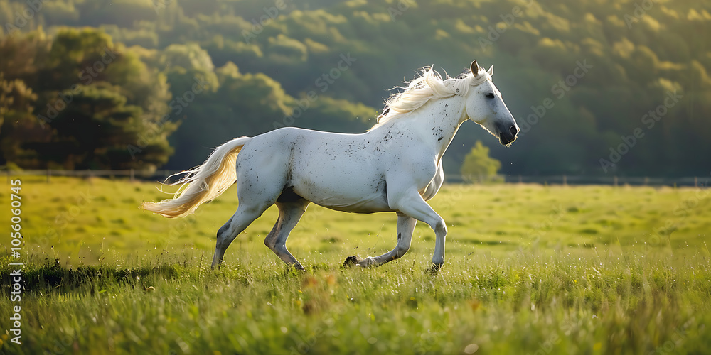 Majestic Side View of a White Horse Galloping Over a Lush Green Field, Capturing the Grace and Power of Nature in Motion, Perfect for Animal Lovers and Equestrian Enthusiasts. Majestic Side View of a White Horse Galloping Over a Lush Green Field, Capturing the Grace and Power of Nature in Motion, Perfect for Animal Lovers and Equestrian Enthusiasts.