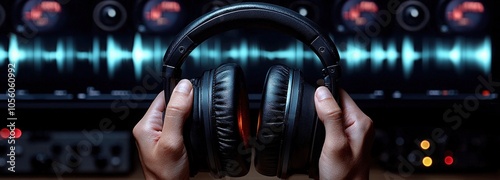 Hands holding headphones in a sound studio with audio waveforms displayed behind photo