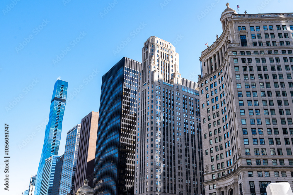 The Skyscrapers of Chicago along the Chicago River at Midday The Skyscrapers of Chicago along the Chicago River at Midday