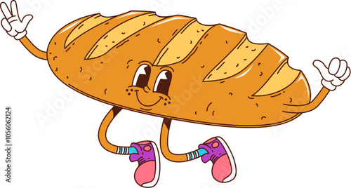 Cartoon groovy bakery, bread and pastry character happily jumping, displaying a peace sign with its hands. Isolated vector cheerful loaf retro personage with playful and smiling face, wearing sneakers