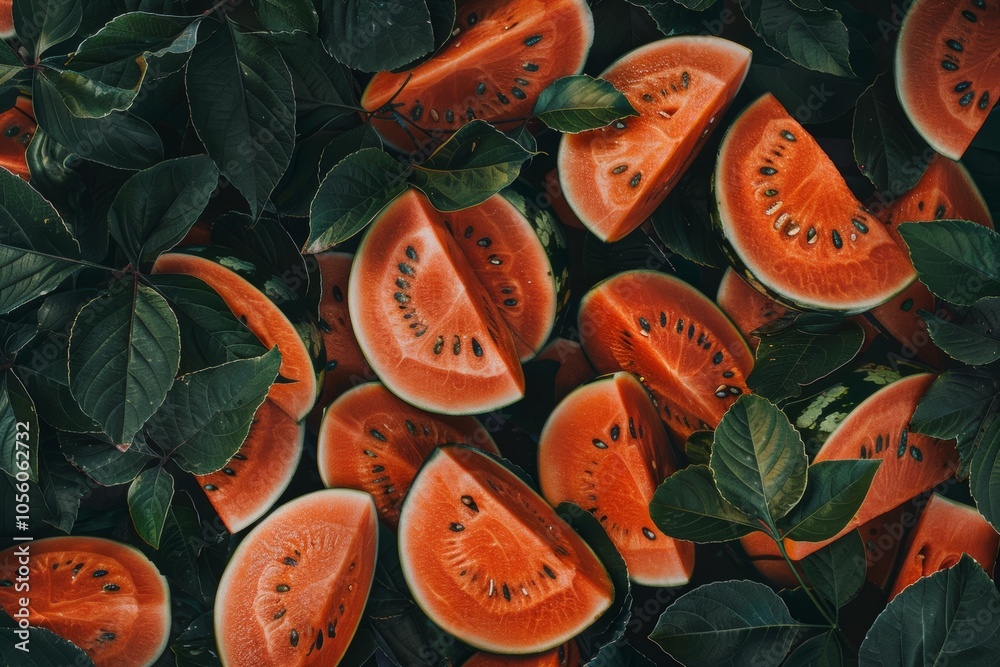 Ripe Red Watermelon Slices on Lush Tropical Green Leaves, Summer Fresh Fruit Background Ripe Red Watermelon Slices on Lush Tropical Green Leaves, Summer Fresh Fruit Background