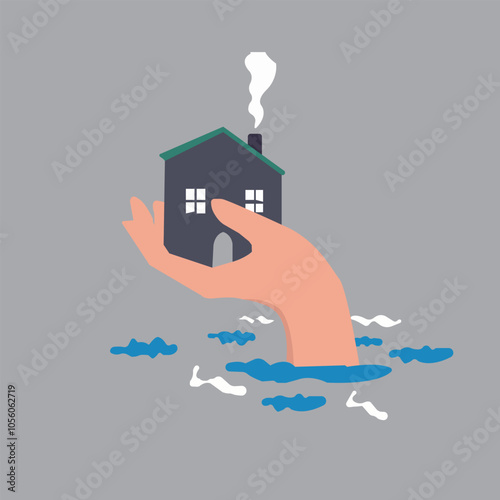 House insurance protection from disaster, safety and rescue from storm and flood, home care concept, big human hand helping house above flood water level protect from damage