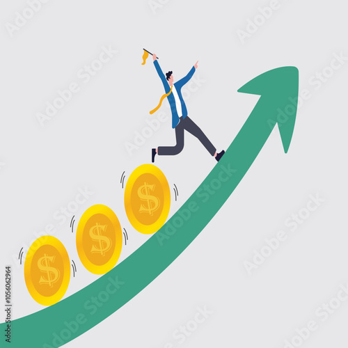 Investment profit and earning, stock market growth or fund flow depend on interest rate and inflation concept, businessman investor, fund manager holding flag lead money coins running up rising 