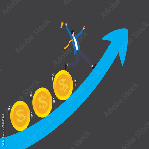 Investment profit and earning, stock market growth or fund flow depend on interest rate and inflation concept, businessman investor, fund manager holding flag lead money coins running up rising 