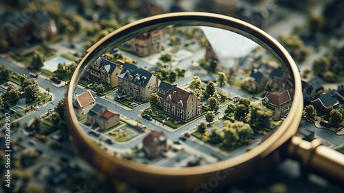 A magnifying glass hovers over a map of a bustling neighborhood, highlighting a home, symbolizing the careful selection of the perfect residence in an urban environment