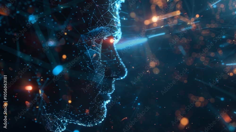Interconnected nodes and lines form a face in a dark digital space, representing ai and future tech with glowing particles