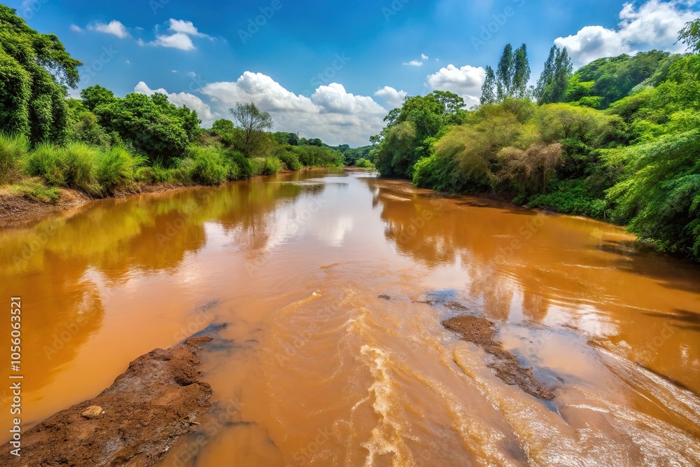 Thick brown mud coats the surface of a polluted river, with murky water and slimy vegetation, muddy water, environmental contamination, waterway degradation, aquatic ecosystem, contaminated soil Thick brown mud coats the surface of a polluted river, with murky water and slimy vegetation, muddy water, environmental contamination, waterway degradation, aquatic ecosystem, contaminated soil
