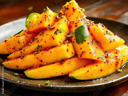 A vibrant dish of mango slices sprinkled with spices, showcasing a delightful mix of flavors and colors on a rustic plate.