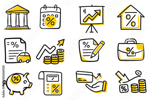 A set of financial symbols including a piggy bank, calculator, and a house