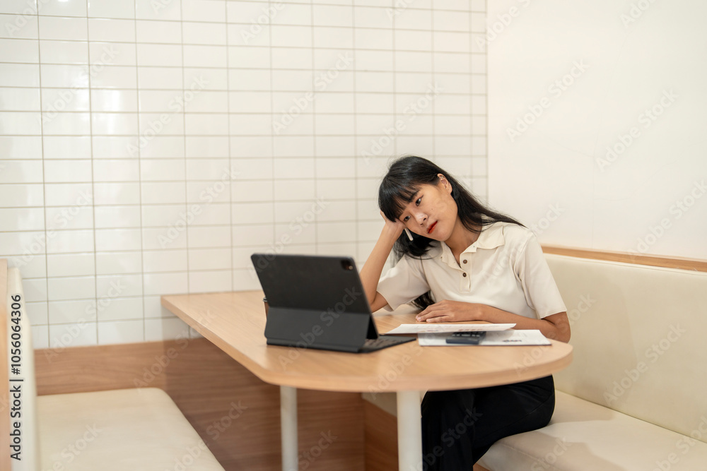 Young asian woman feeling stressed and tired while working on tablet in cafe Young asian woman feeling stressed and tired while working on tablet in cafe