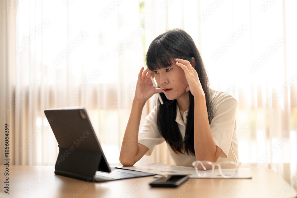 Young asian woman feeling tired and having a headache while working remotely at home Young asian woman feeling tired and having a headache while working remotely at home