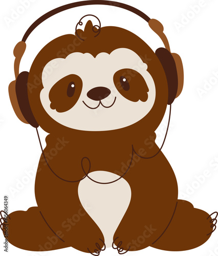 Adorable cartoon illustration of a smiling sloth wearing headphones, enjoying music in a relaxed sitting position, on a white background.